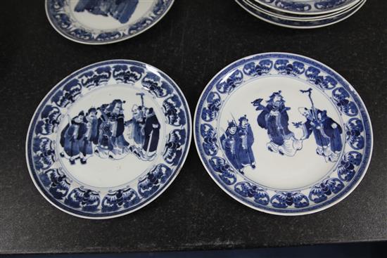 Nine Chinese blue and white plates, late 19th century, 24.5 - 25.5cm